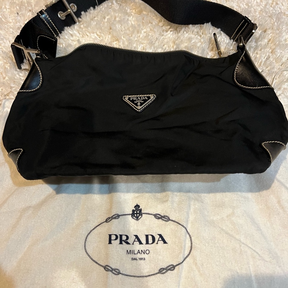 Prada Black Nylon Shoulder Bag with Leather Trim